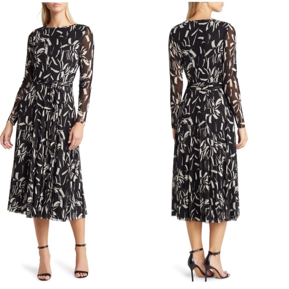 Anne Klein Abstract Print Tie Waist
Long Sleeve Mesh Midi Dress, XL